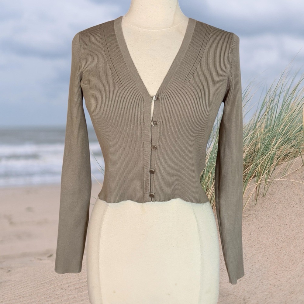 Magaschoni NEW Ribbed Cropped Cardigan Sweater Sz Sage‎ V Neck Minimalist $128